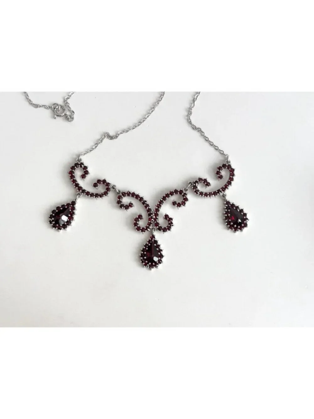 Art Deco Dark Red Teardrop Sterling Silver 925 Vintage Pendant Necklace - 19